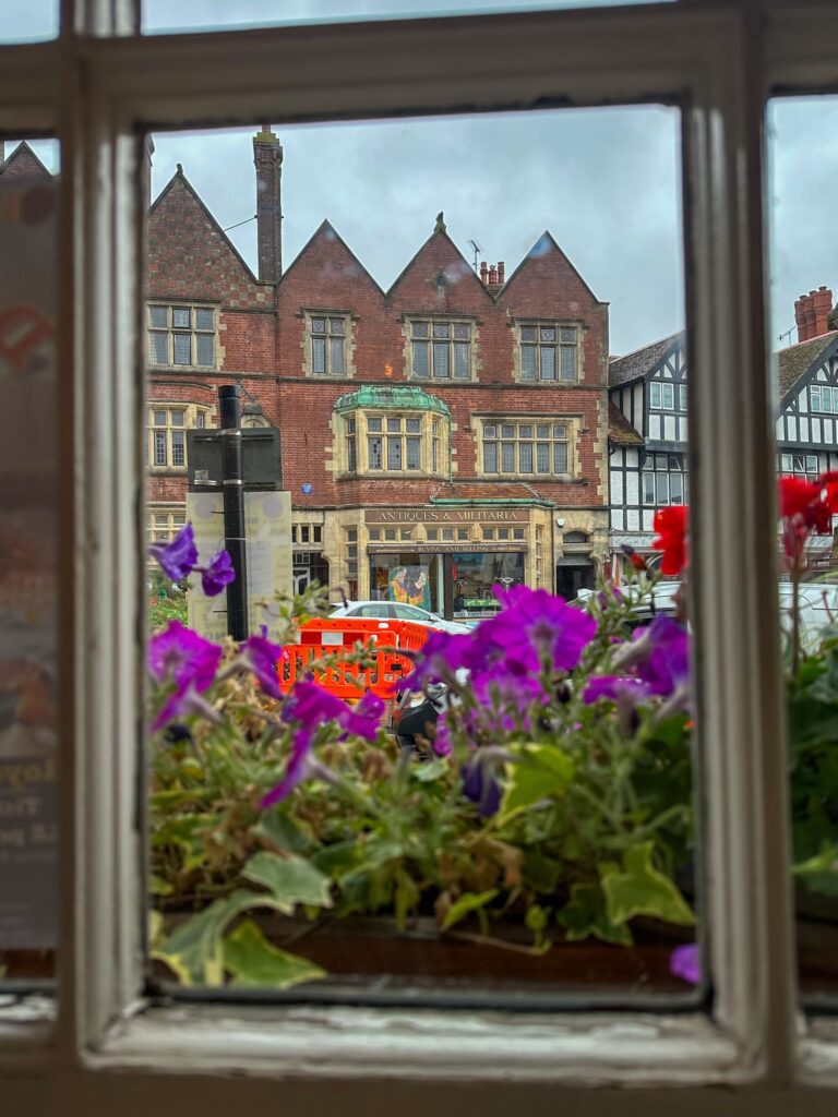 Vista da janela do pub com flores e casas ao fundo